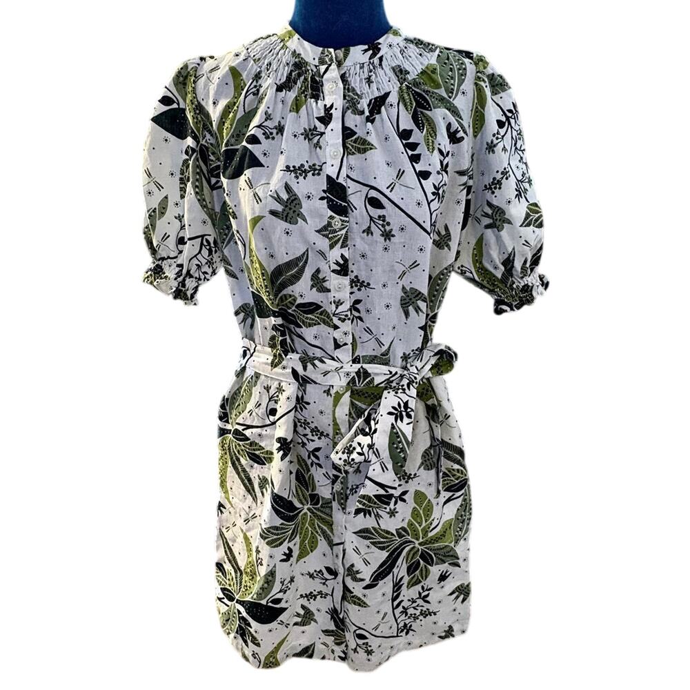 NWOT Boden 100% Linen Puff Sleeve Smocked Dress Leaf Bird Print Boho Green